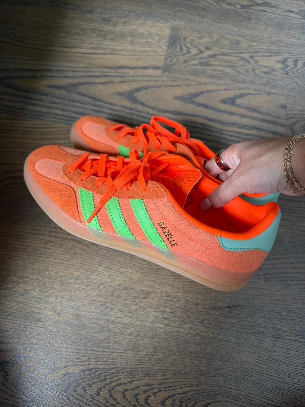 NWOT Adidas Gazelle Indoor Solar Orange Solar Green sneaker, size 8.5.